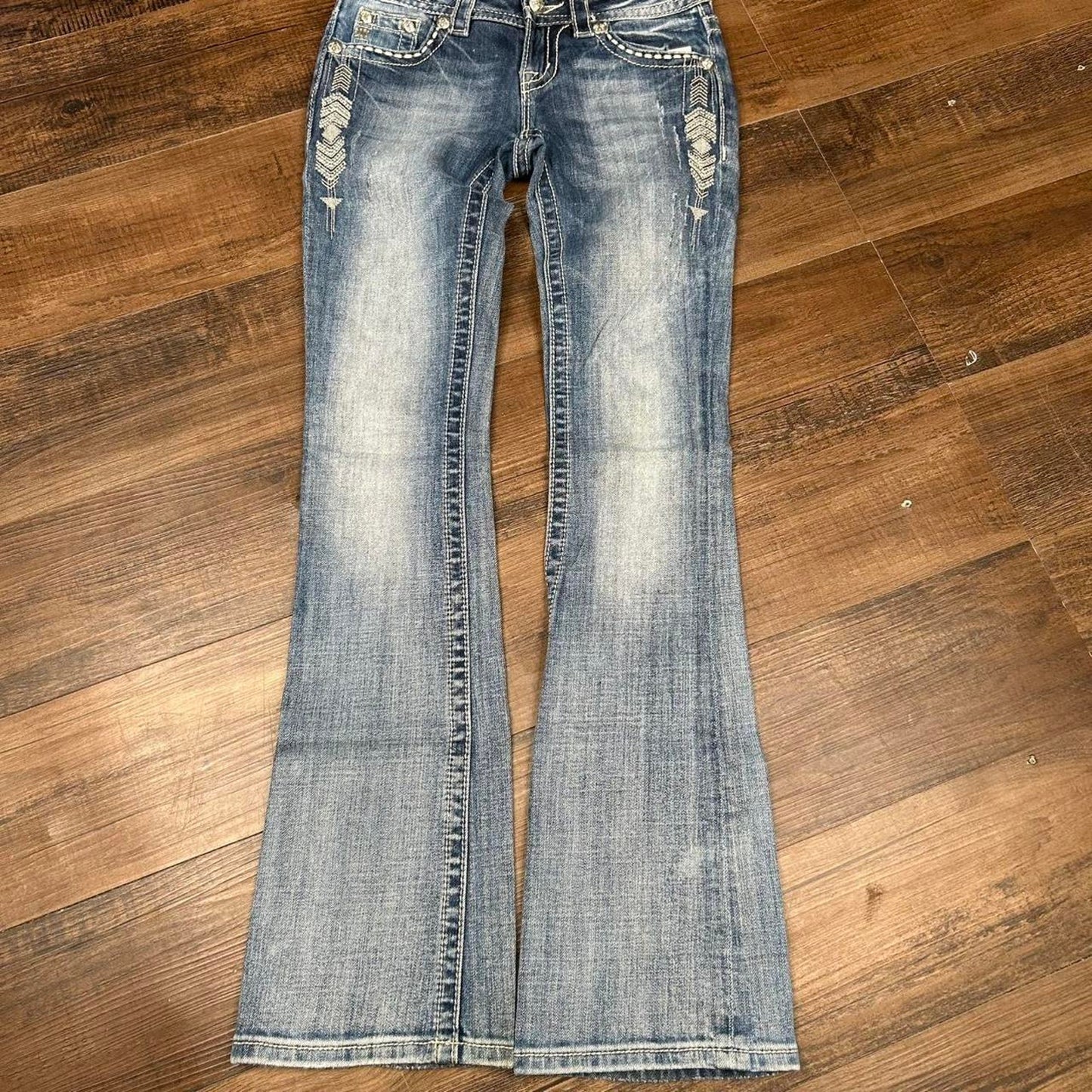 2000s y2k Low Rise MissMe Embroidered Bedazzled Signature Boot Cut Jeans