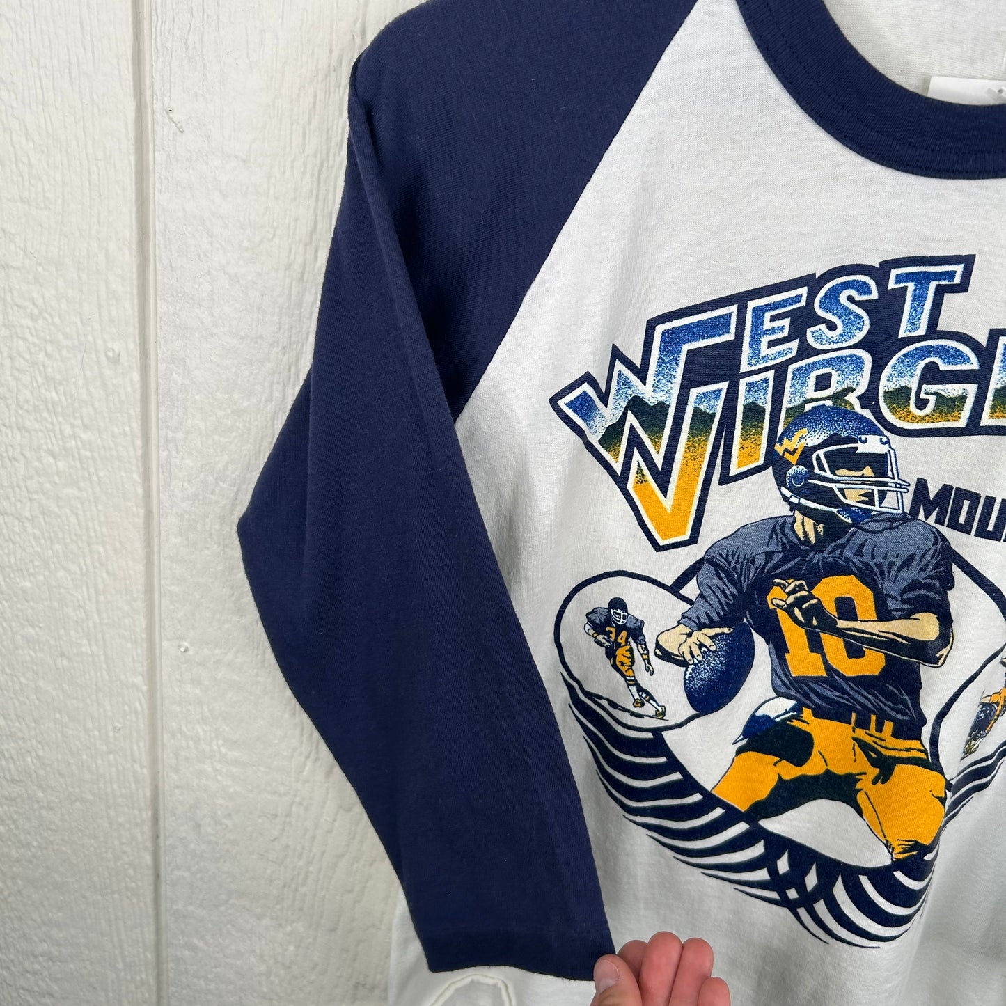 Rare 80s West Virginia Mountaineers Football Player 3/4 Sleeve Graphic Tee (M)