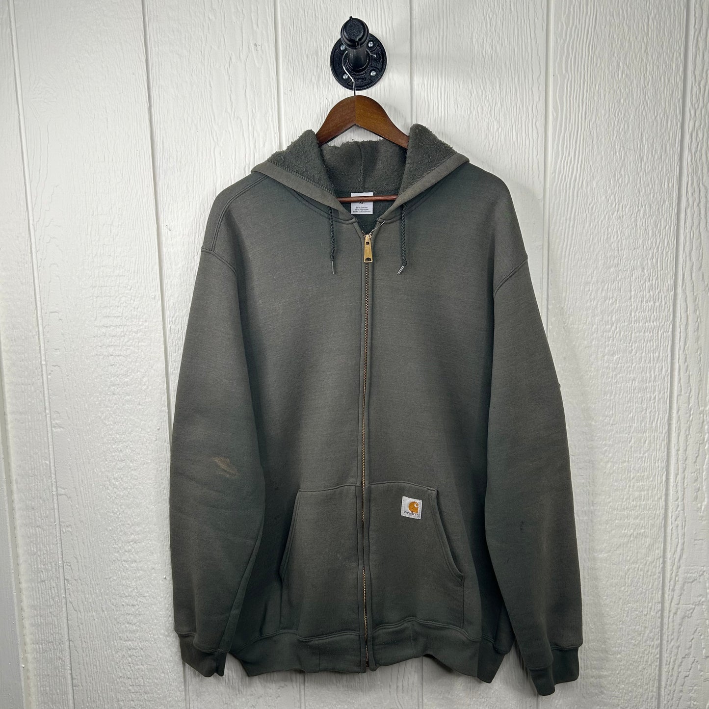 Vintage Faded Green Carhartt Zip-Up Hoodie (XL)