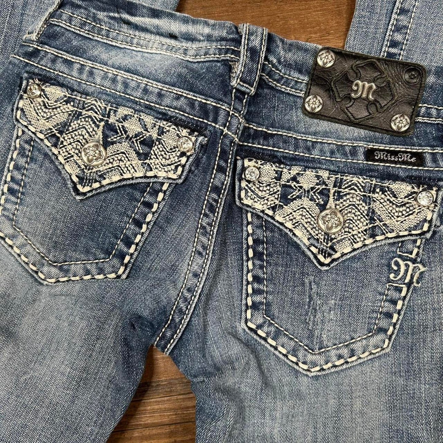 2000s y2k Low Rise MissMe Embroidered Bedazzled Signature Boot Cut Jeans