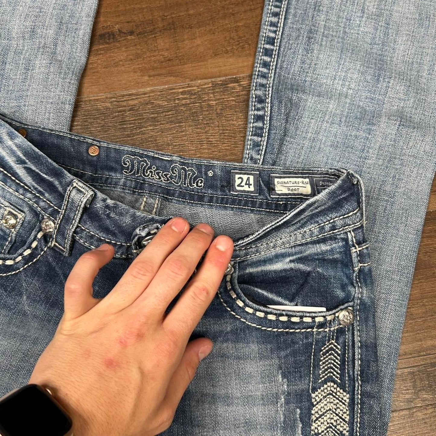 2000s y2k Low Rise MissMe Embroidered Bedazzled Signature Boot Cut Jeans