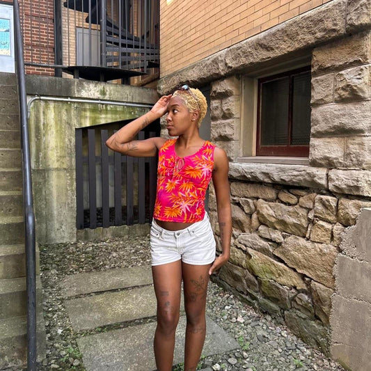 2000s y2k Hawaiian Tropical Palm Pattern Tank Top (M)