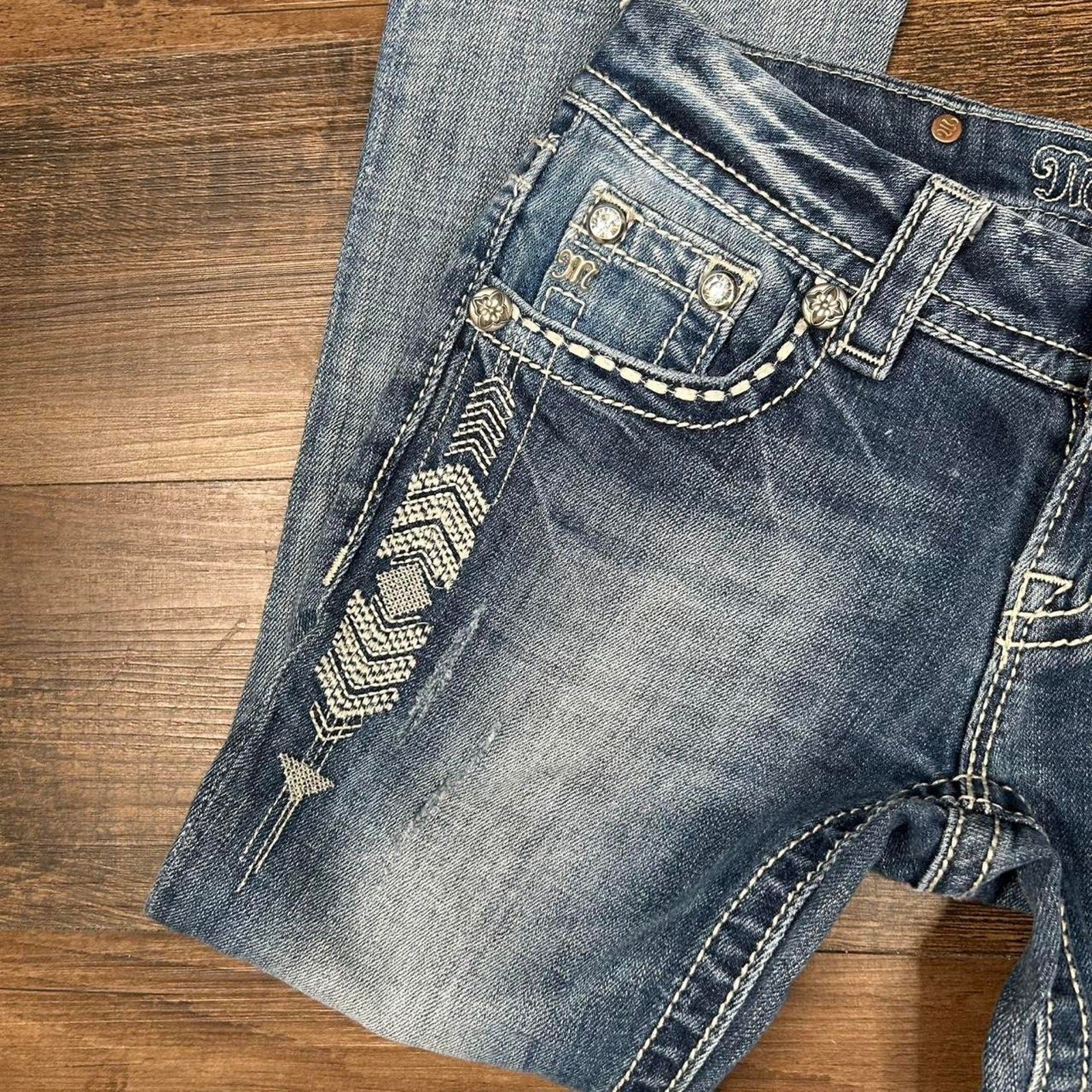 2000s y2k Low Rise MissMe Embroidered Bedazzled Signature Boot Cut