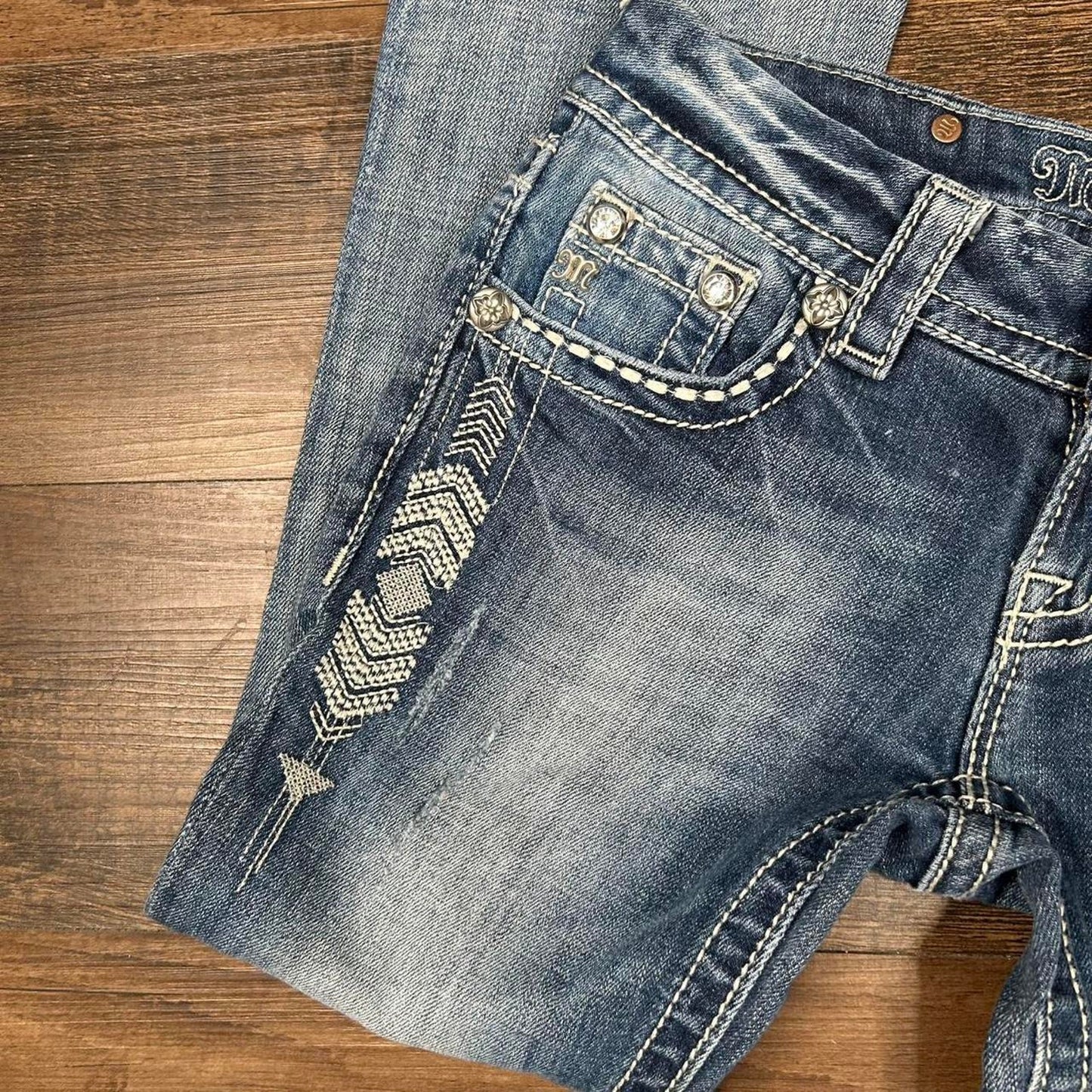 2000s y2k Low Rise MissMe Embroidered Bedazzled Signature Boot Cut Jeans