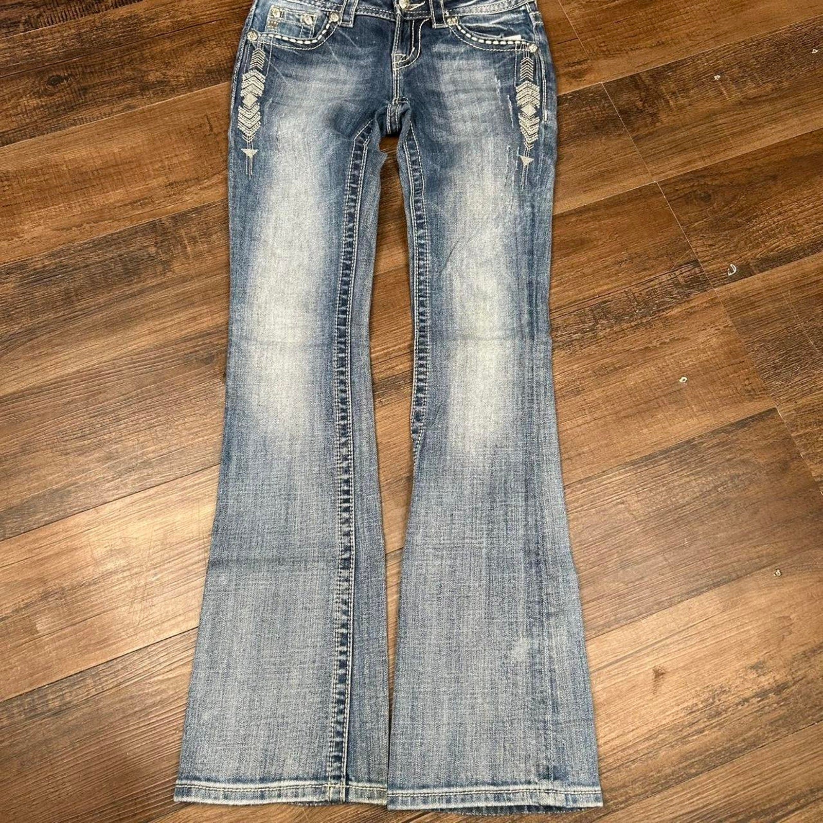 2000s y2k Low Rise MissMe Embroidered Bedazzled Signature Boot Cut