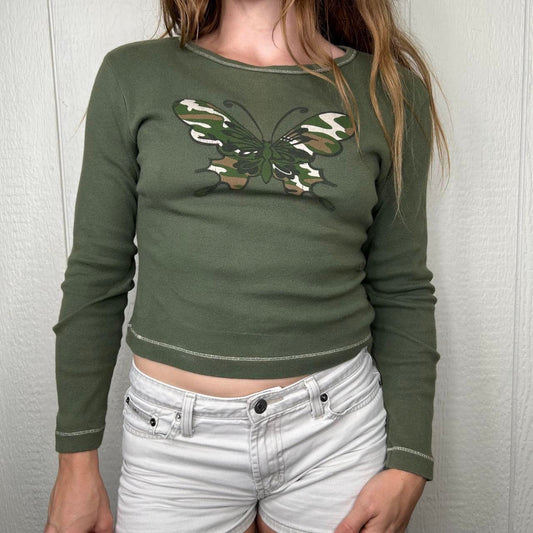 2000s y2k Army Green Camo Print Butterfly Baby Tee (M)