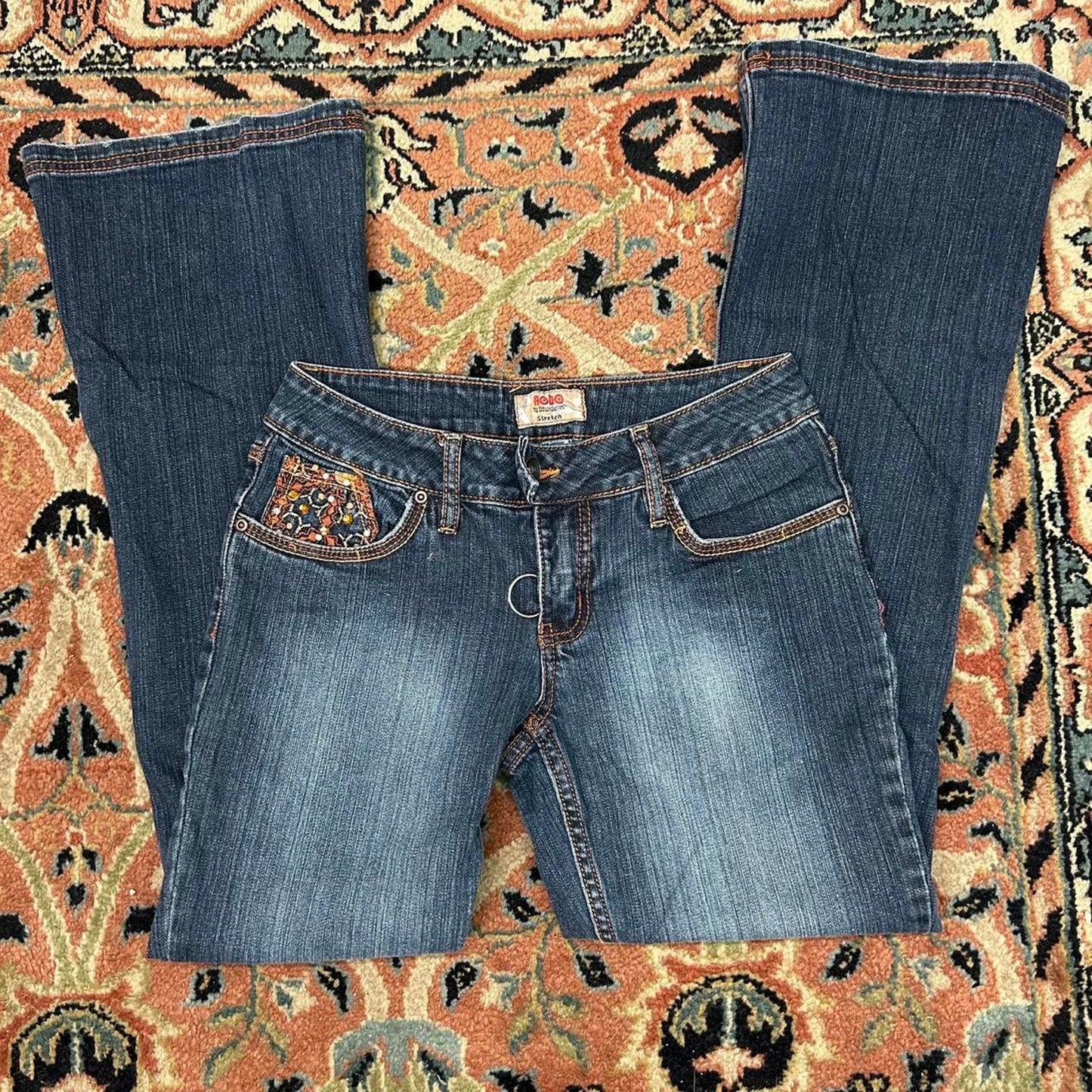 2000s y2k Nobo Low-Rise Flare Leg Embroidered Boho Jeans