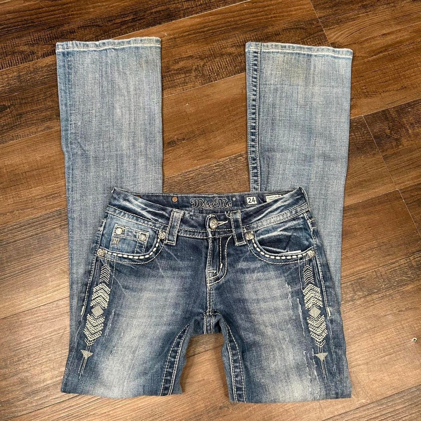 2000s y2k Low Rise MissMe Embroidered Bedazzled Signature Boot Cut Jeans