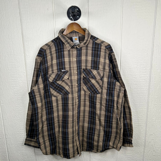 Y2K Brown & Blue Plaid Carhartt Long Sleeve Flannel (XL)