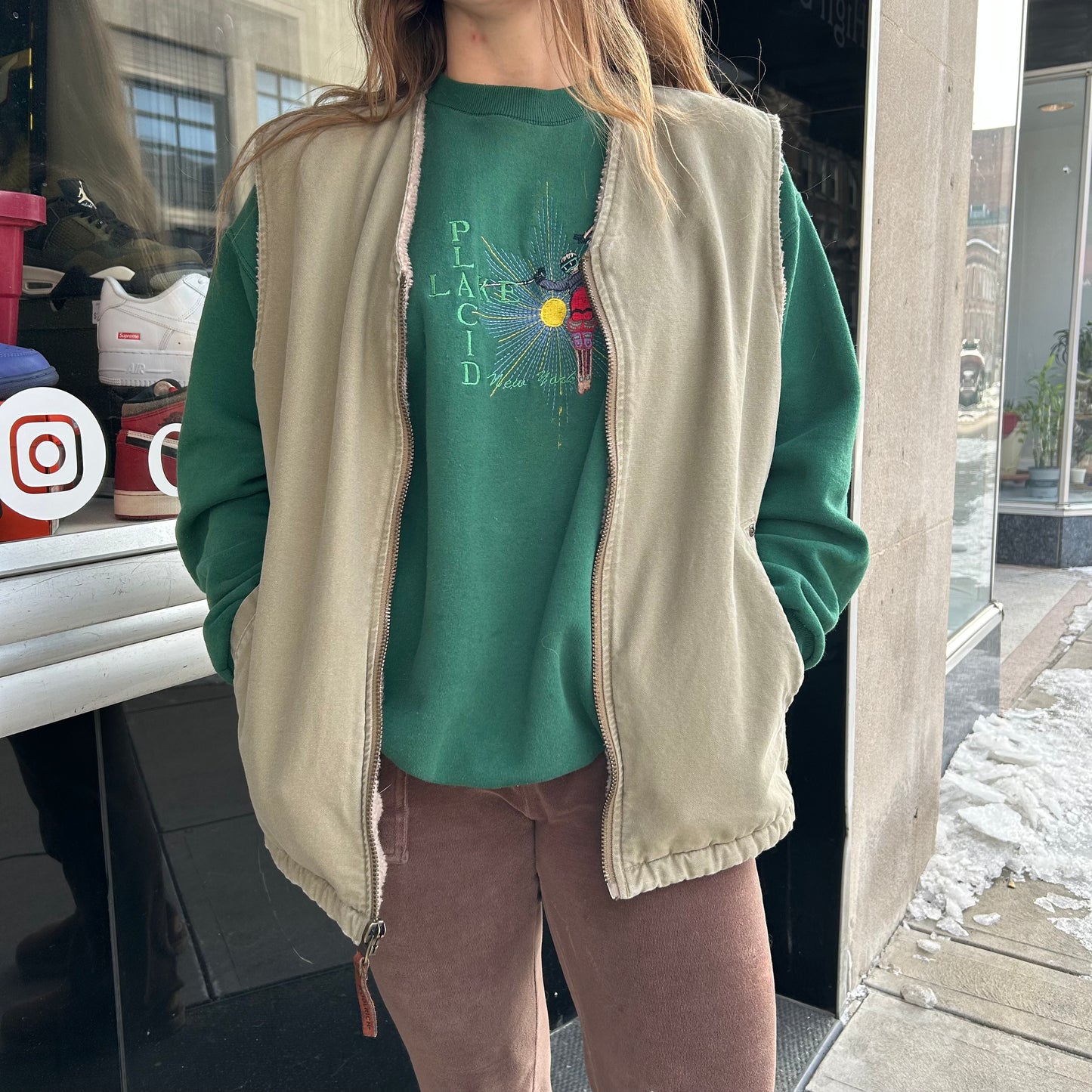 Vintage y2k Sage Green Fur-Lined Workwear Vest (M)