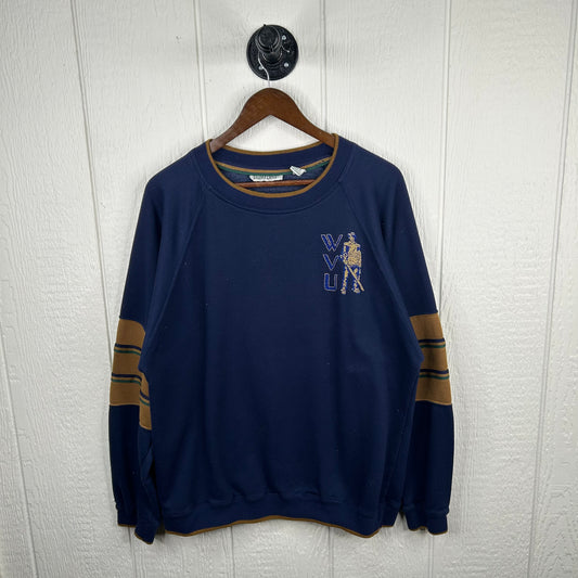 Vintage 90's Embroidered WVU Striped Sleeve Sweater (XL)