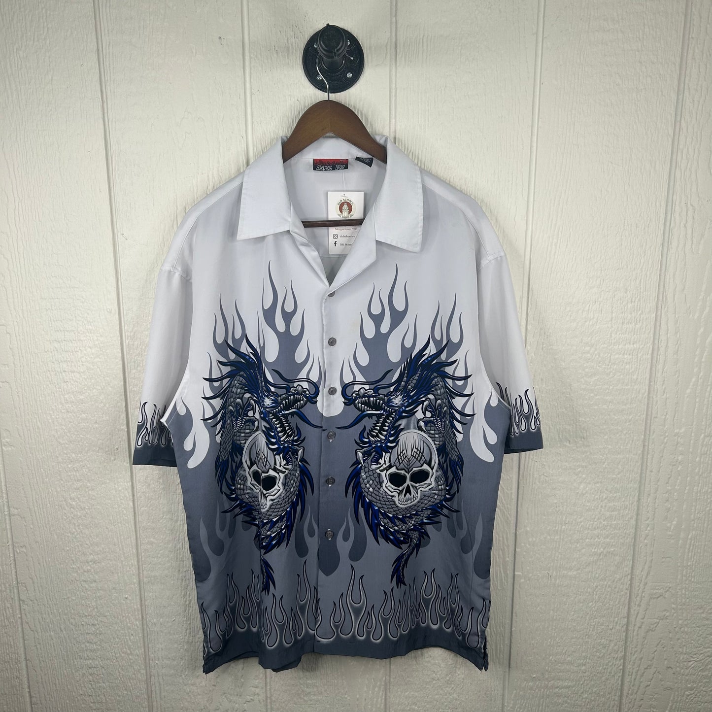 Vintage y2k Dragon Skull Flames Button-Up Polo (L)