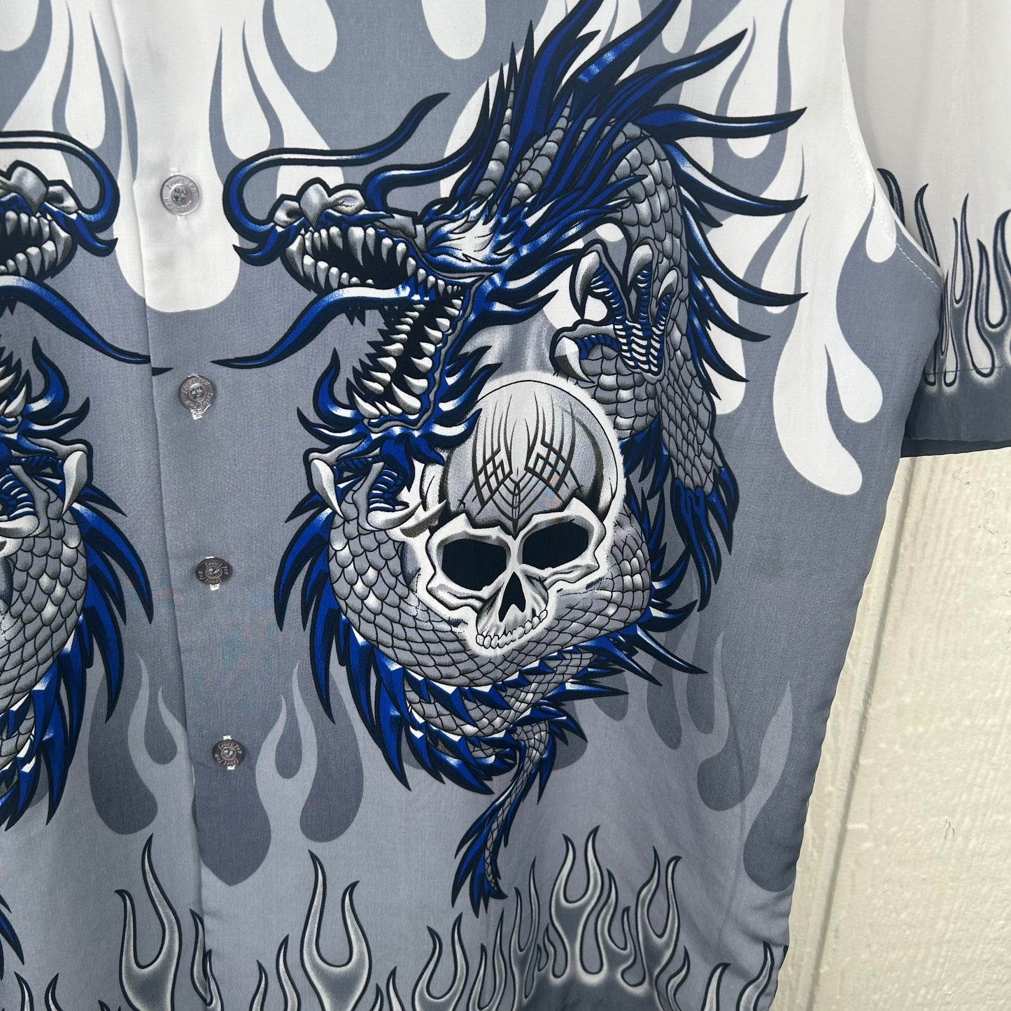 Vintage y2k Dragon Skull Flames Button-Up Polo (L)