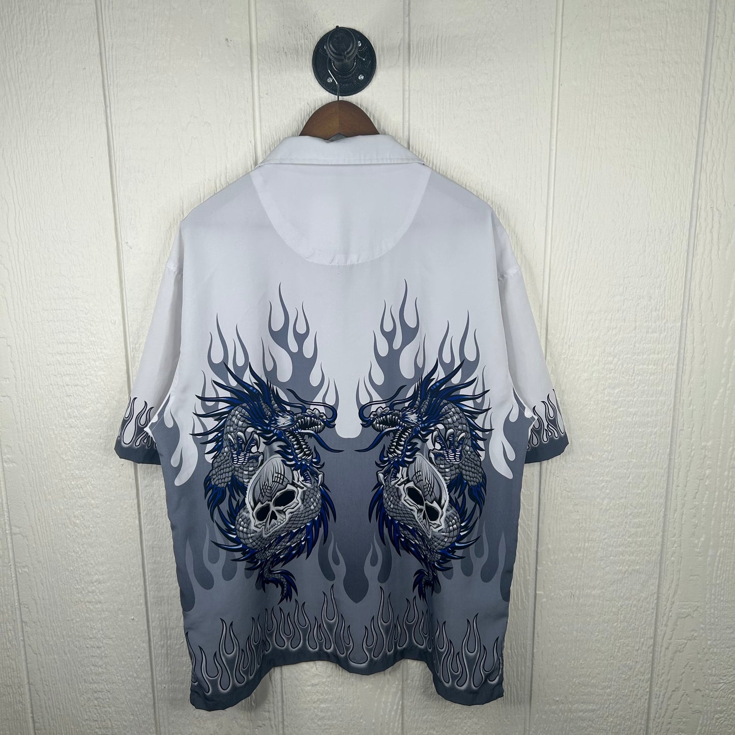Vintage y2k Dragon Skull Flames Button-Up Polo (L)