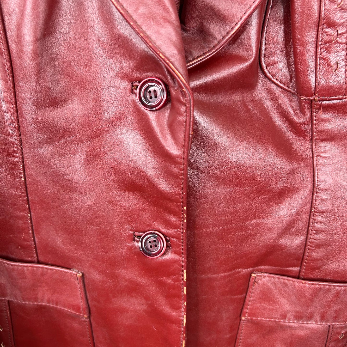 Vintage 90's Red Button-Up Mid Length Leather Jacket (S)