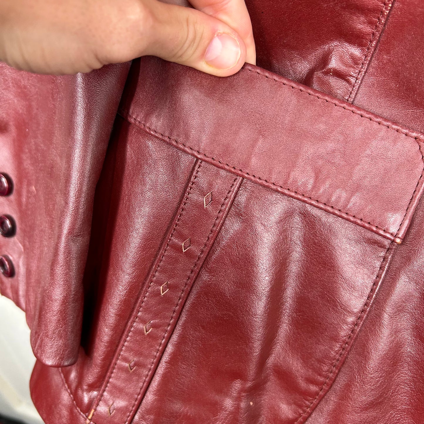 Vintage 90's Red Button-Up Mid Length Leather Jacket (S)