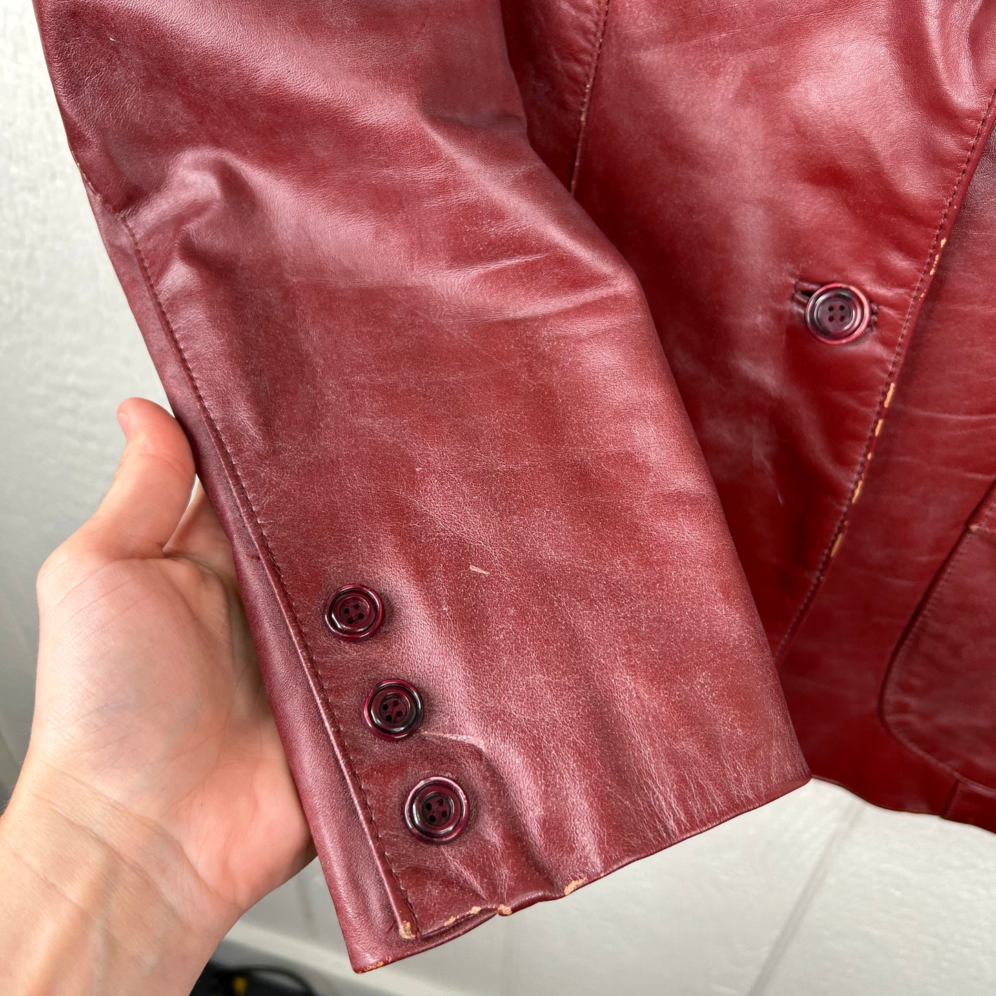Vintage 90's Red Button-Up Mid Length Leather Jacket (S)