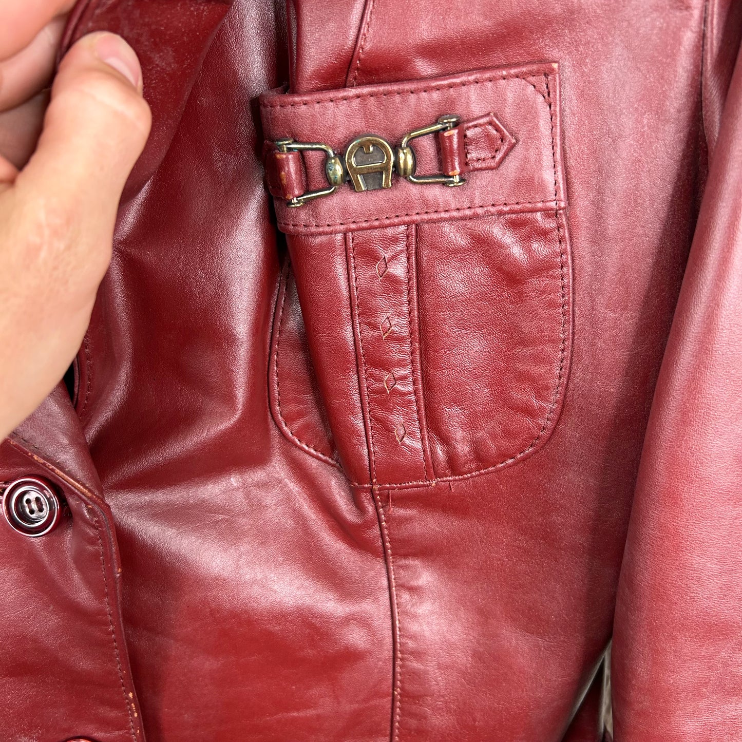Vintage 90's Red Button-Up Mid Length Leather Jacket (S)
