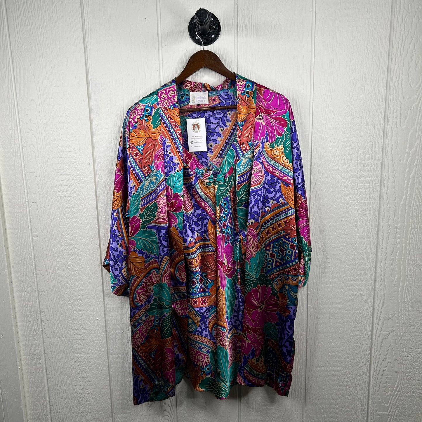 Vintage 80's Retro Pattern Silk Dress & Robe Sleep Set (M)