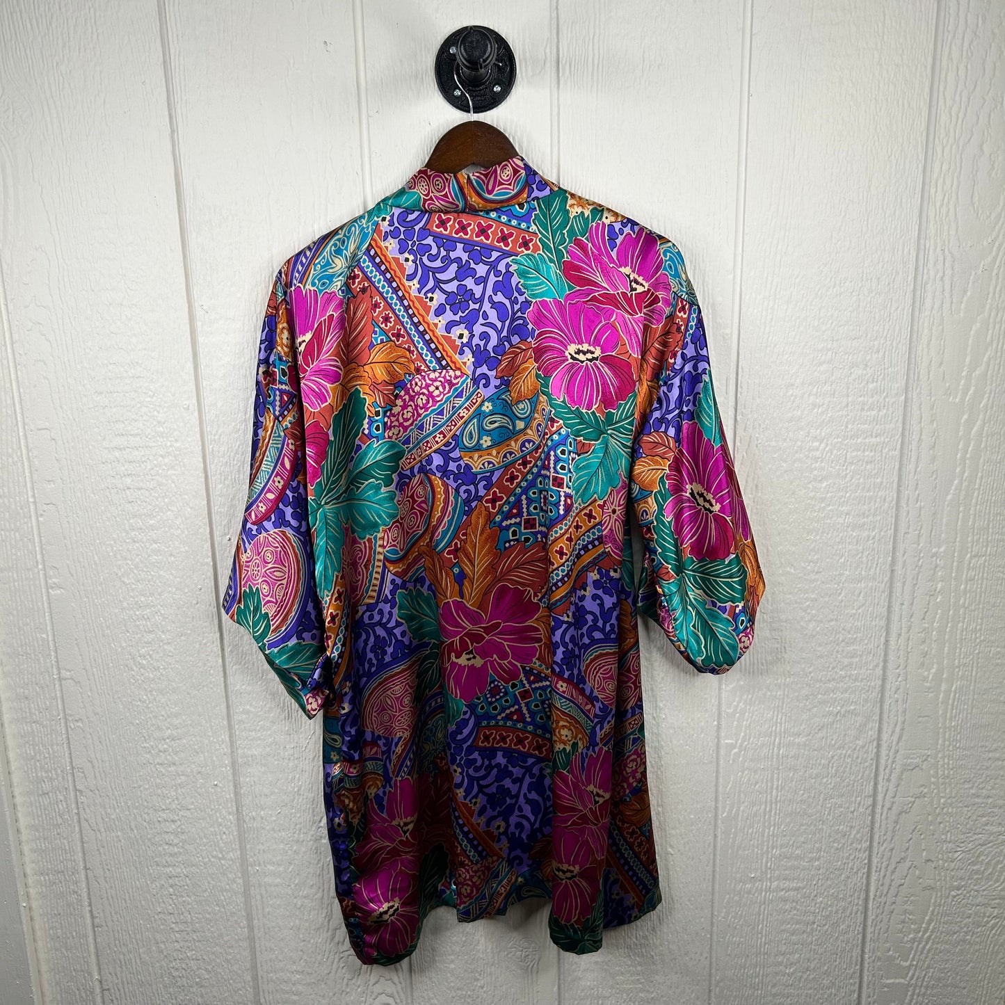 Vintage 80's Retro Pattern Silk Dress & Robe Sleep Set (M)