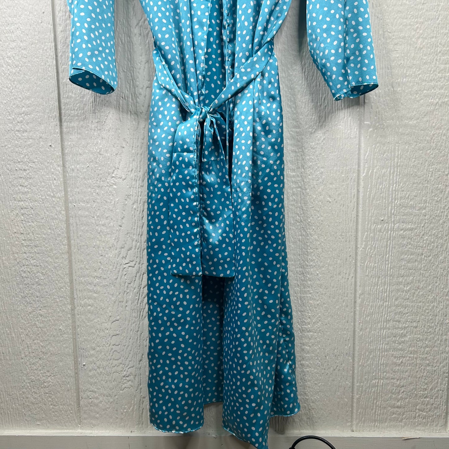 Vintage 80's Blue Polka Dot Full Length Silk Dress & Robe Set (S)