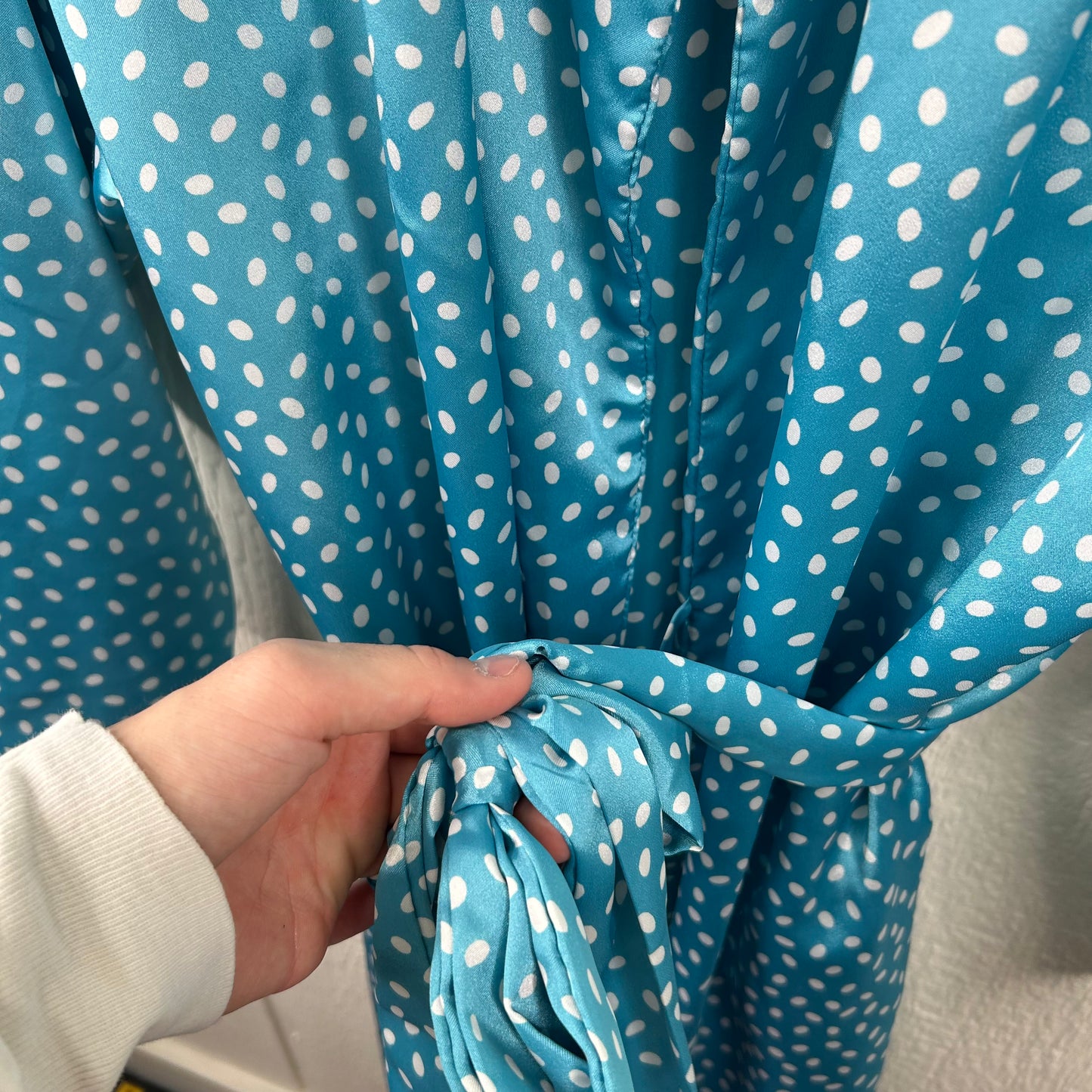 Vintage 80's Blue Polka Dot Full Length Silk Dress & Robe Set (S)