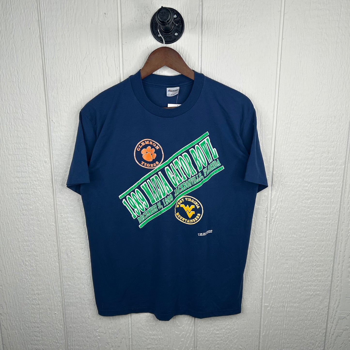 Vintage 1989 Mazda Gator Bowl WVU Mountaineers vs Clemson Tigers Graphic Tee (L)