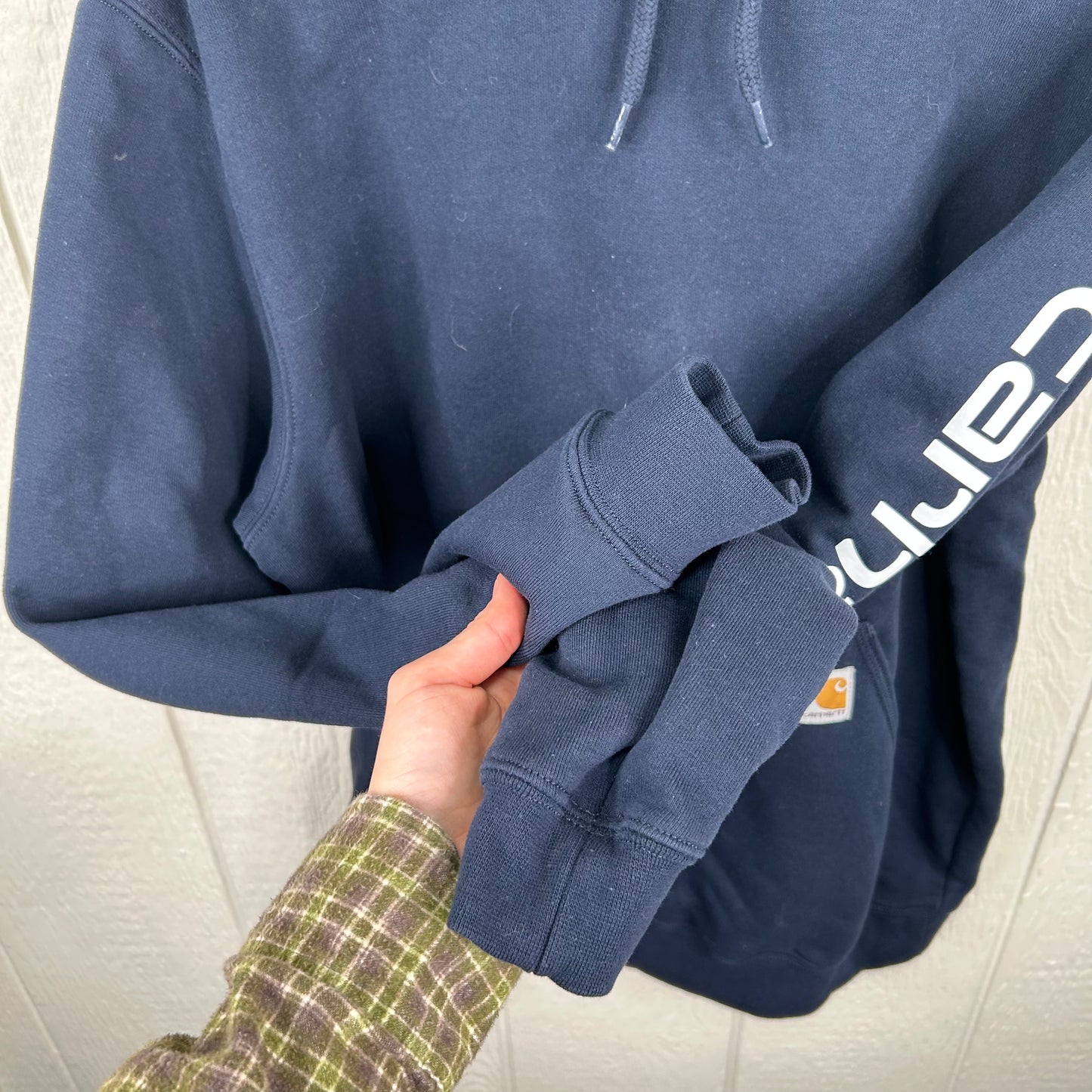 Y2K Navy Sleeve Hit Carhartt Hoodie (L)
