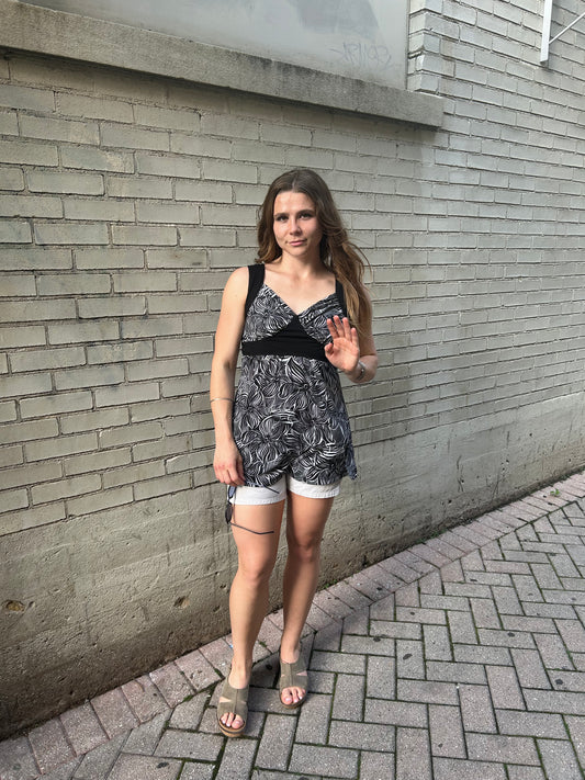 Y2K Black & White Floral Pattern Babydoll Tank (S)