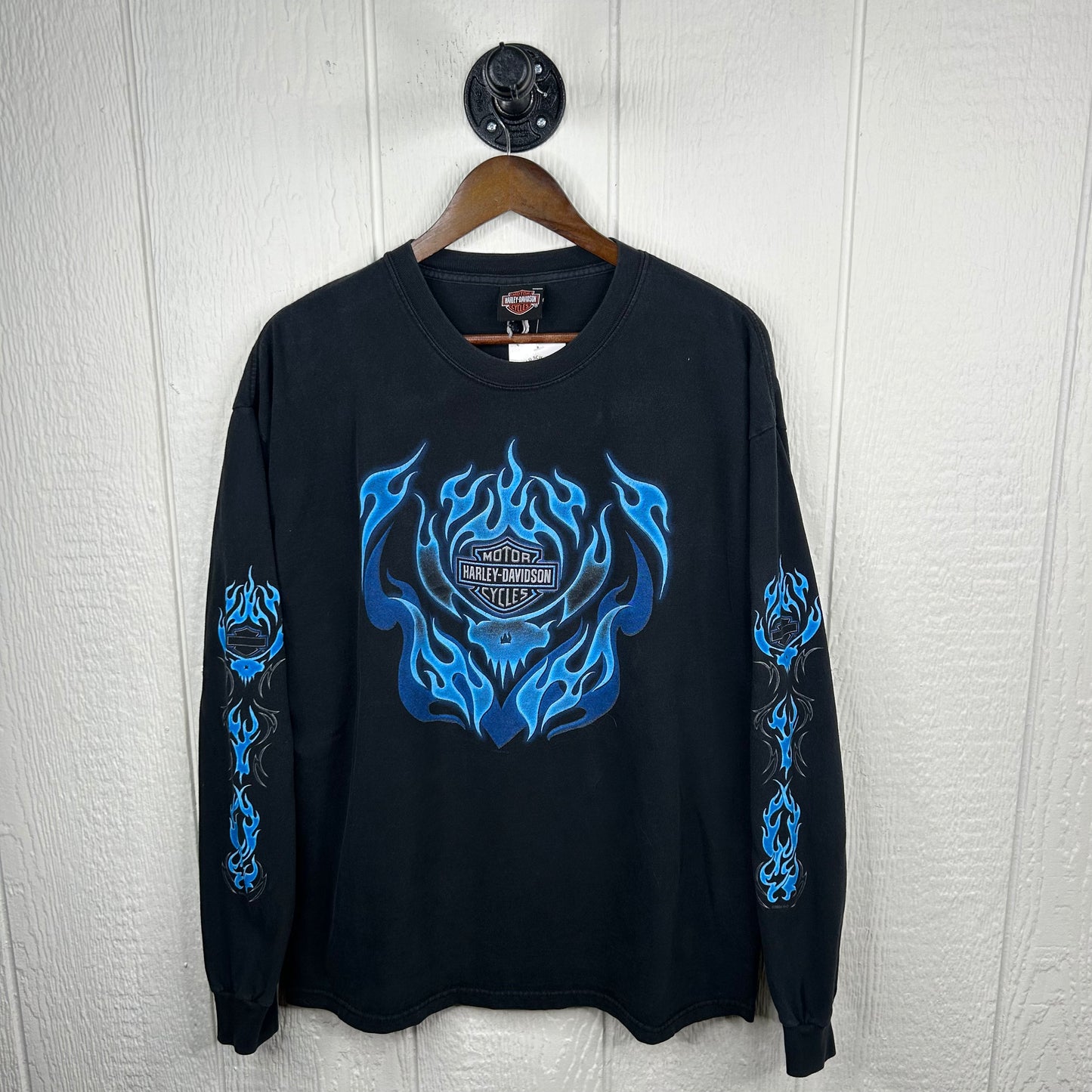Vintage 90's Gatto Harley Davidson Chrome Blue Flames Long Sleeve (XL)