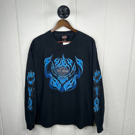 Vintage 90's Gatto Harley Davidson Chrome Blue Flames Long Sleeve (XL)