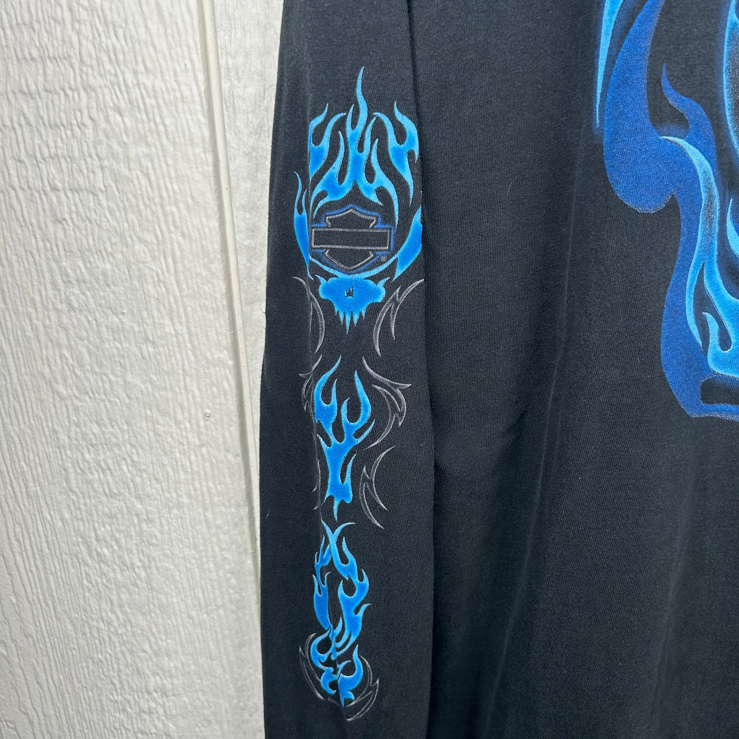 Vintage 90's Gatto Harley Davidson Chrome Blue Flames Long Sleeve (XL)