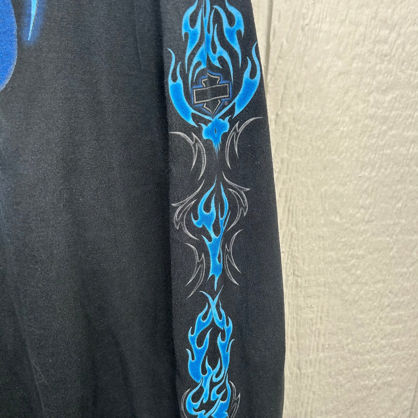 Vintage 90's Gatto Harley Davidson Chrome Blue Flames Long Sleeve (XL)