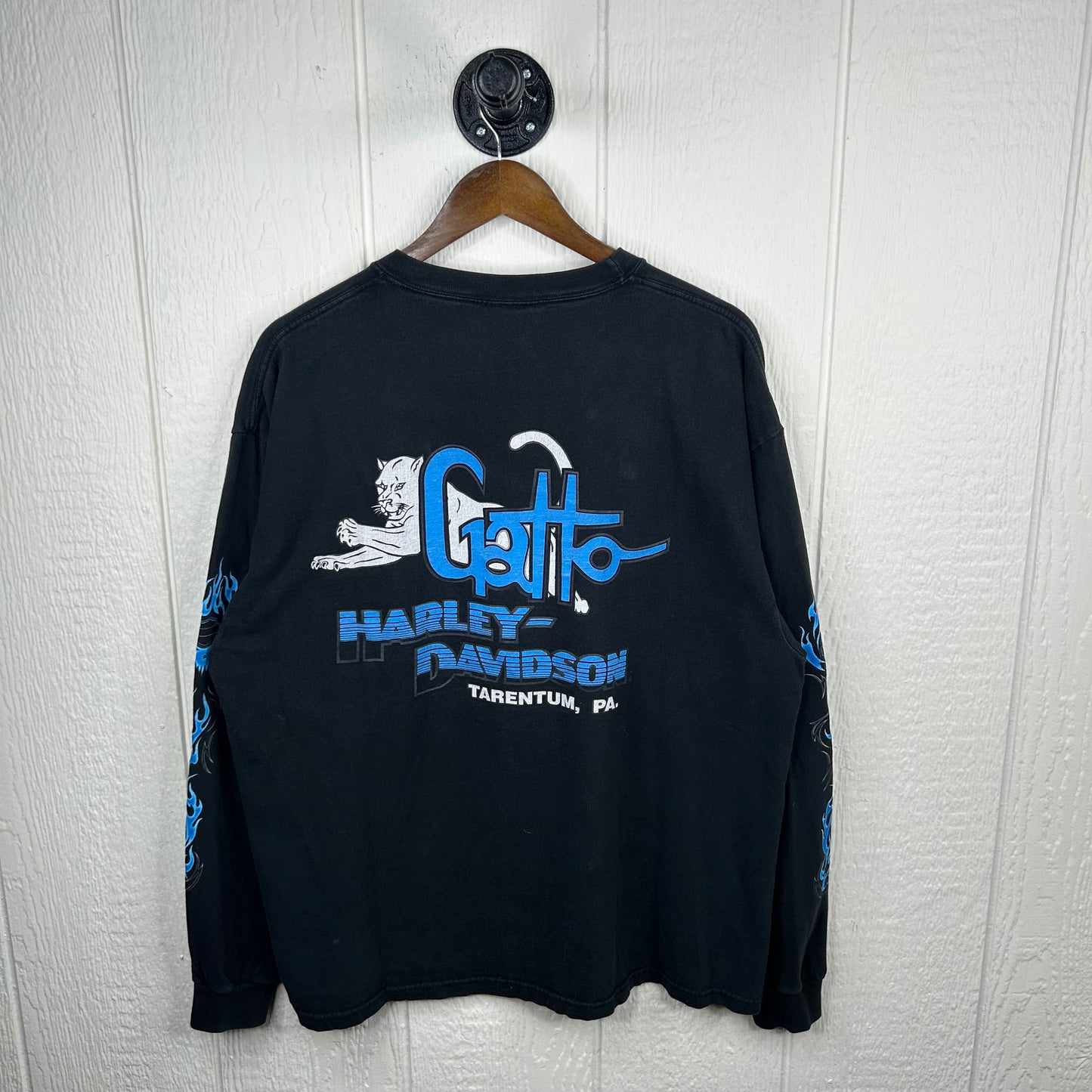 Vintage 90's Gatto Harley Davidson Chrome Blue Flames Long Sleeve (XL)