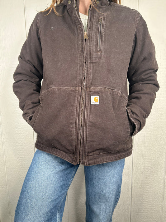 Y2K Women's Dark Brown Fur-Lined Carhartt Jacket (M)