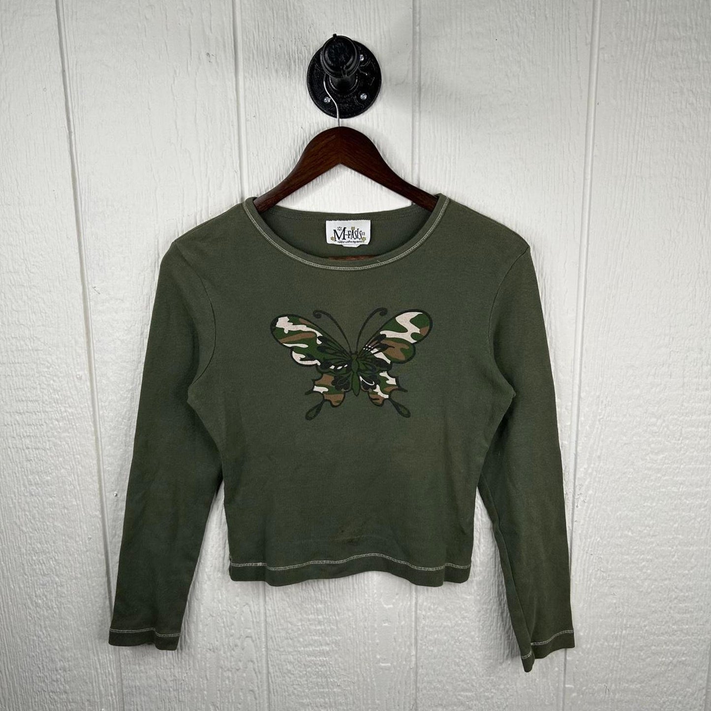 2000s y2k Army Green Camo Print Butterfly Baby Tee (M)
