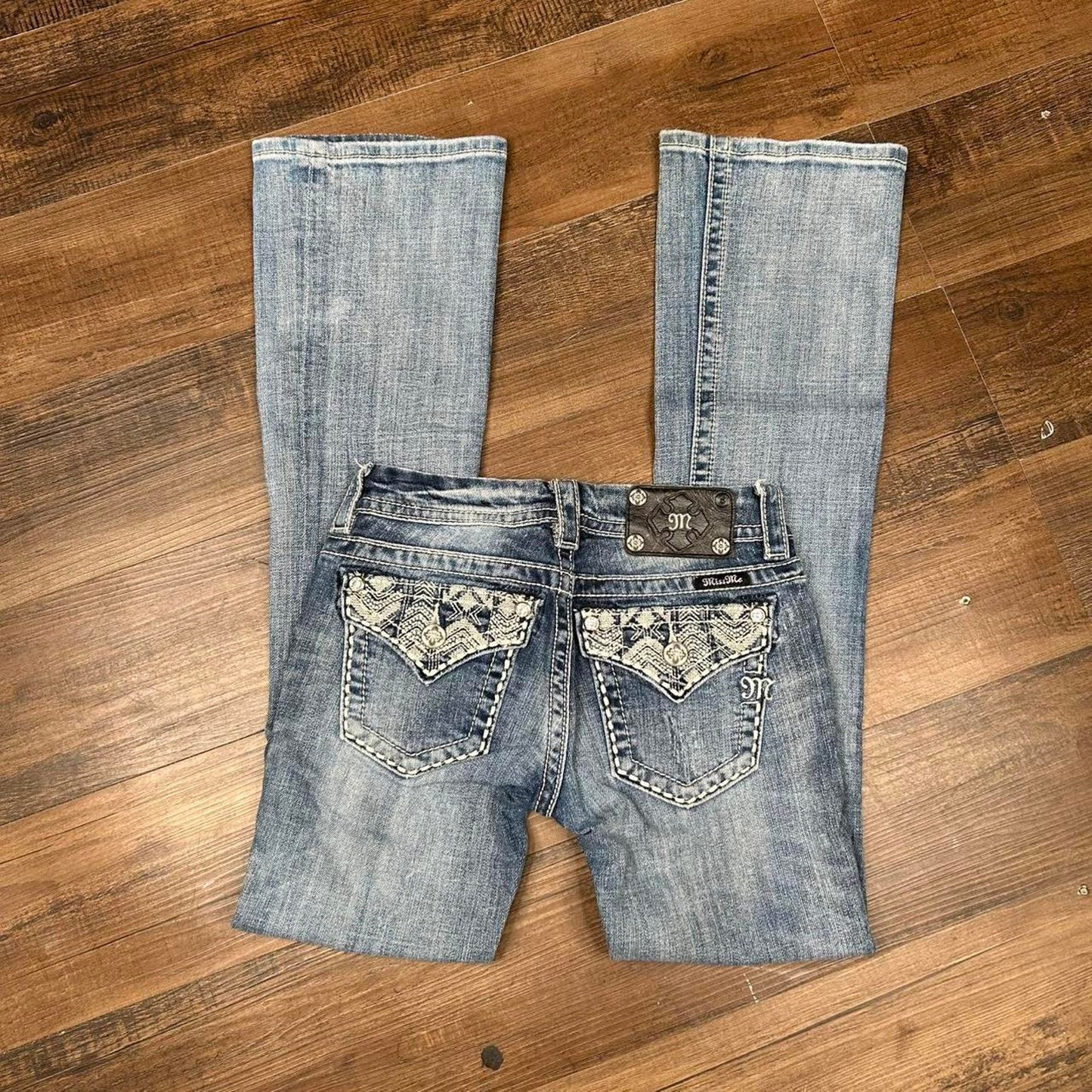 2000s y2k Low Rise MissMe Embroidered Bedazzled Signature Boot Cut Jeans