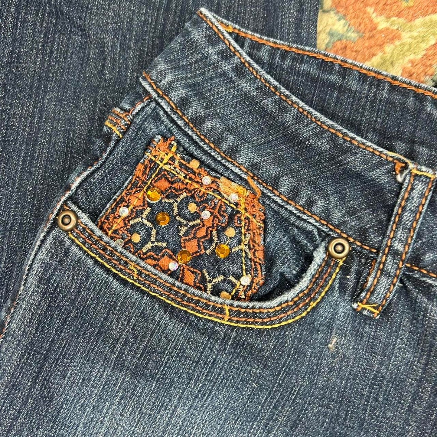 2000s y2k Nobo Low-Rise Flare Leg Embroidered Boho Jeans