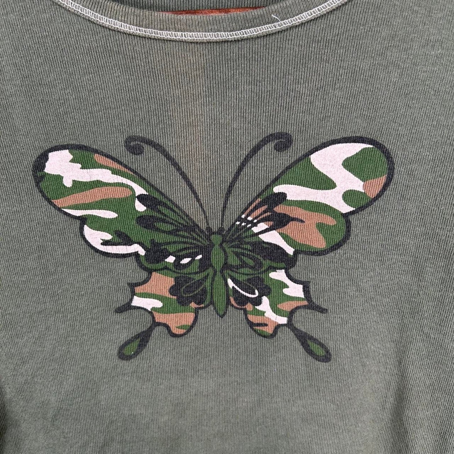 2000s y2k Army Green Camo Print Butterfly Baby Tee (M)