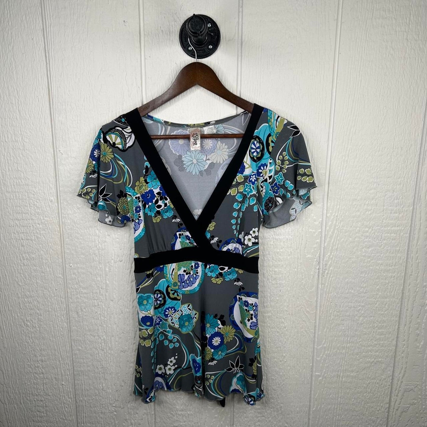 2000s y2k V-Neck Boho Floral Stretchy Babydoll Top (L)