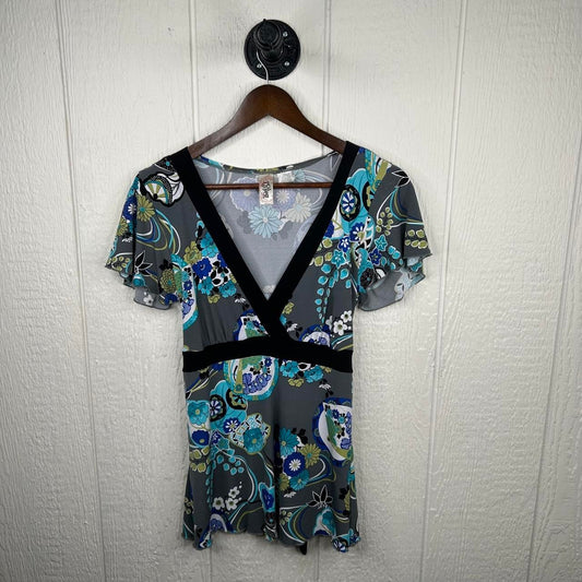 2000s y2k V-Neck Boho Floral Stretchy Babydoll Top (L)